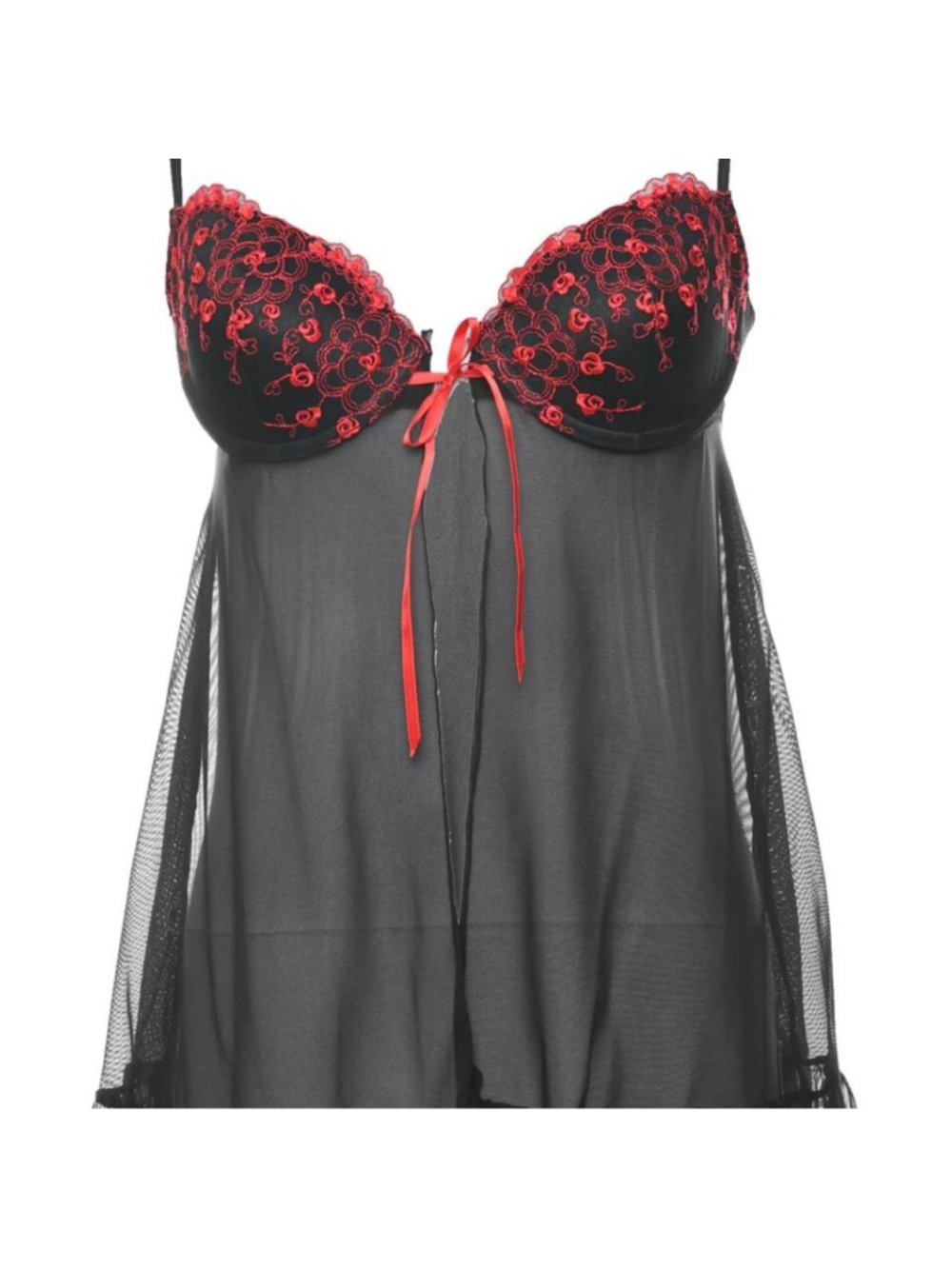 Intimate Secrets black lingerie babydoll with red floral embroidery, size S 
Fit